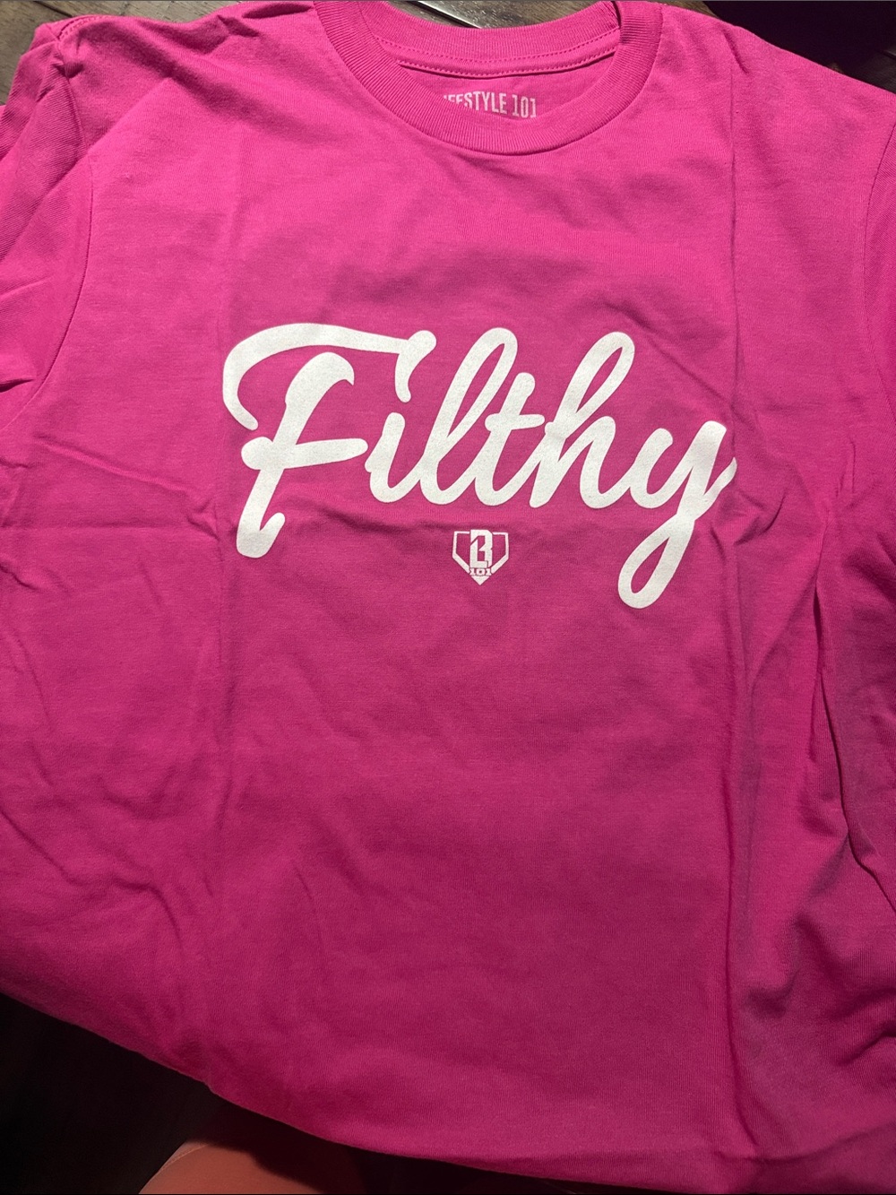 Baseball Lifestyle101 "Filthy" Script Graphic Tee - Bright Pink